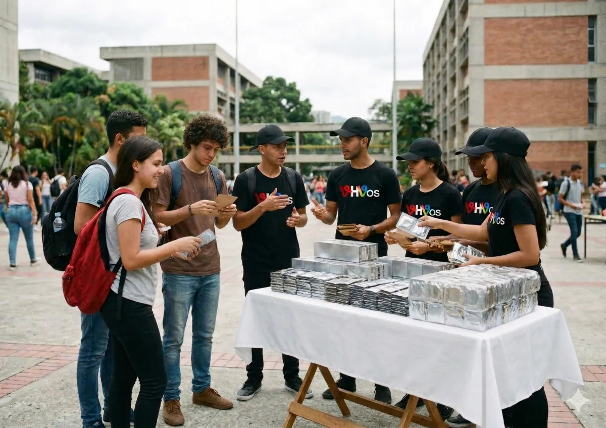 Equipo VIHvos distribuyendo paquetes de prevención en universidad